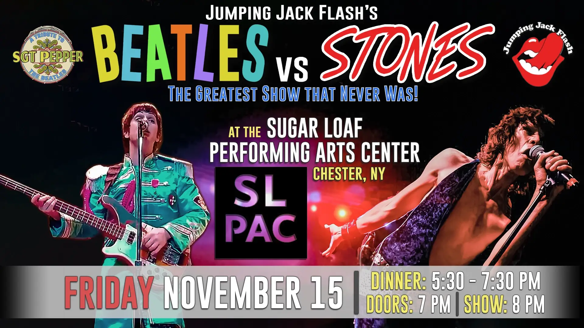 Jumping Jack Flash's Beatles vs. Stones at the Sugar Loaf Performing Arts Center. Friday November 15, 2024