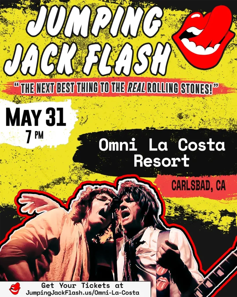 Event poster for Jumping Jack Flash live at the Omni La Costa Resort in Carlsbad, CA on May 31, 2025